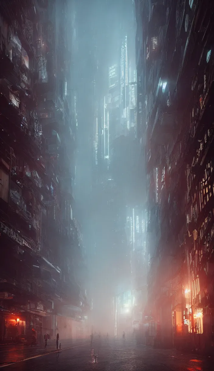 Image similar to a foggy night in milano in 2 0 7 9, cyberpunk future, distopic, cinestill, photography, realistic, hyper detailed, unreal engine, cinematic, octane render