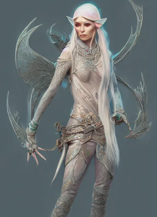 Image similar to full body concept, beautiful pastel painting of a D&D style elven female thief with a very beautiful face and centered eyes wearing intricate clothing, ultra detailed, octane render, 4K, dystopian, micro details