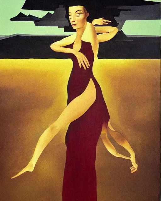 Image similar to portrait of a woman, female figure in maxi dress, sky, thunder clouds modernism, dynamic pose, dance, morning dramatic cinematic light, low poly, low poly, low poly, industrial, soviet painting, social realism, barocco, Frank Frazetta, Dean Ellis, Detmold Charles Maurice, gustav klimt, levitation, movie poster 1993 anime