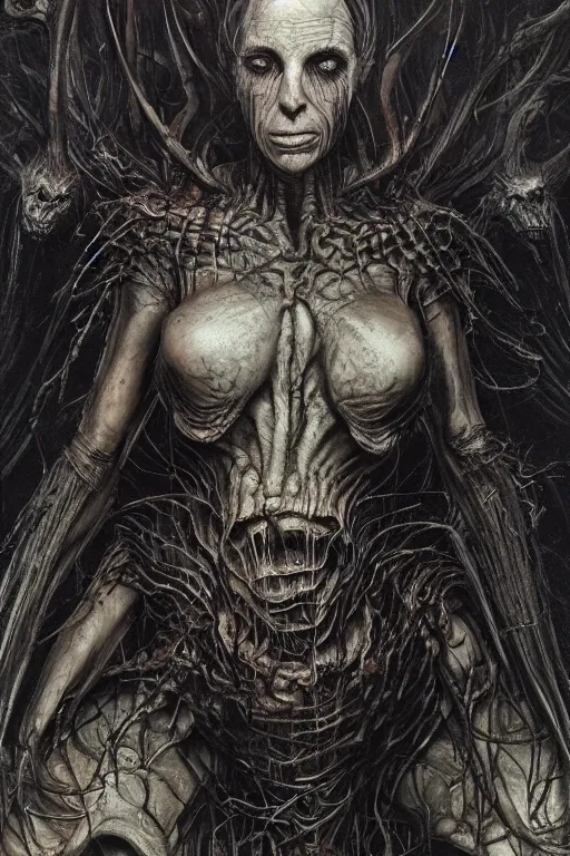 Image similar to portrait of claudia black by hr giger, greg rutkowski and wayne barlowe as a diablo, resident evil, dark souls, bloodborne monster