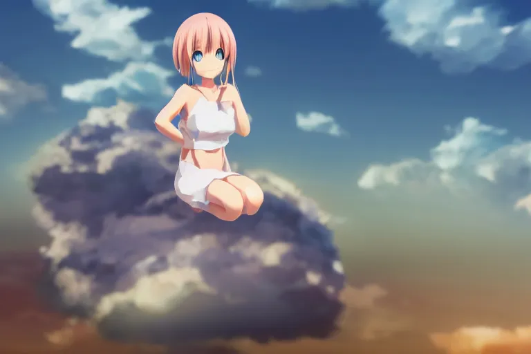 Image similar to a cute anime girl sitting on a cloud, blender render, anime,