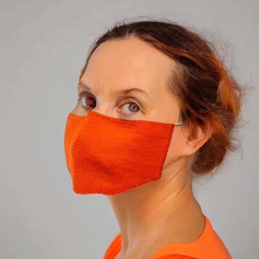 Image similar to portrait of a woman wearing a orange mask, orange background, studio lighting