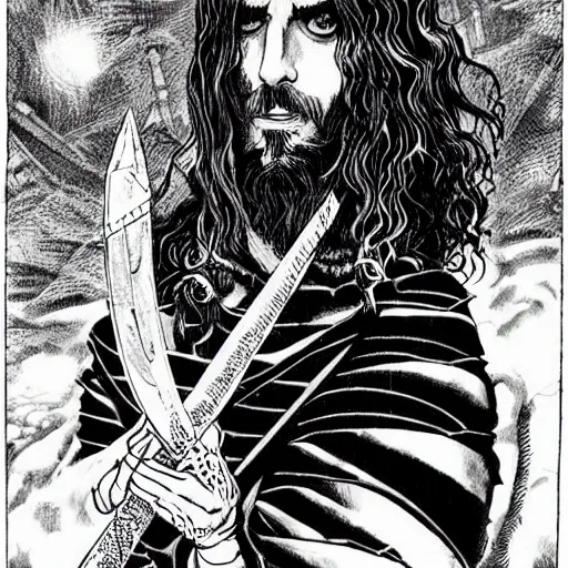 Image similar to pen and ink!!!! attractive 22 year old cyborg!!! Frank Zappa x Jared Leto golden Vagabond!!!! magic swordsman glides through a beautiful battlefield magic the gathering dramatic esoteric!!!!!! pen and ink!!!!! illustrated in high detail!!!!!!!! by Hiroya Oku!!!!!!!!! Written by Wes Anderson graphic novel published on shonen jump MTG!!! 2049 award winning!!!!