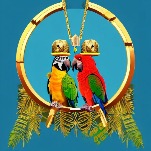 Prompt: parrots dressed in golden rings, necklaces and with caps on head, rapping and sitting on golden trees, rap scene, jungle concept art, trending on artstation, highly detailed, digital art, 8 k