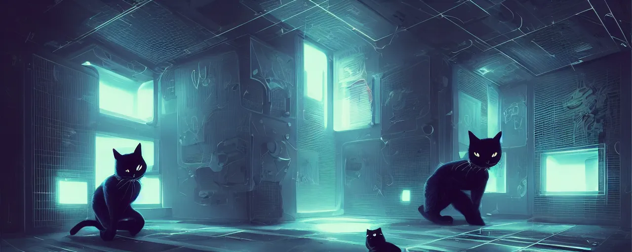 Prompt: duotone noir scifi concept illustration of black cat inside m box glowing mesh quantum portals, glowing eyes, wormholes, octane render, surreal atmosphere, volumentric lighting. accidental renaissance. by sachin teng and sergey kolesov and ruan jia and heng z. graffiti art, scifi, fantasy, hyper detailed. trending on artstation