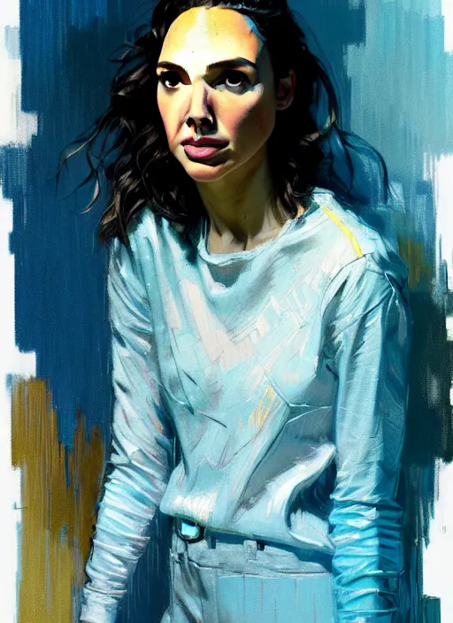 Prompt: portrait of a gal gadot, dahopping mall, sad, pastel shades of light blue and light yellow, beautiful face, rule of thirds, intricate outfit, spotlight, by greg rutkowski, by jeremy mann, by francoise nielly, by van gogh, digital painting