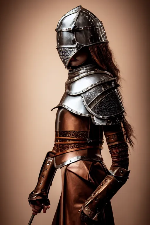 Image similar to female medieval knight, brown hair, by louis vuitton, luxury materials, symmetrical, cinematic, elegant, professional studio light, real dlsr photography, sharp focus, 4 k, ultra hd, sense of awe, high fashion