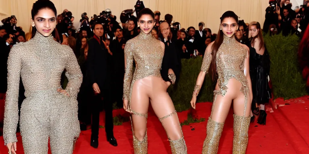 Prompt: Beautiful photograph of Deepika Padukone wearing a leather bodysuit by Tom Ford at Met Gala red carpet Getty Images