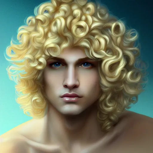 Image similar to Apollo the pale blond androgynous god of the sun, highly detailed, very very very curly golden blond hair, baroque drill curls, curtain bangs, central parted fringe, extremely luscious curly blond hair, very very very pale white skin, digital painting, artstation, concept art, soft light, sharp focus, illustration