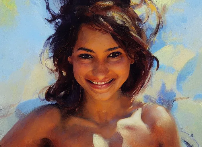 Image similar to a highly detailed beautiful portrait of a female short brown haired brown skinned genie, with abs, smiling, by gregory manchess, james gurney, james jean