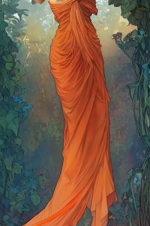 Prompt: man in orange shirt fastens dress, beautiful creation to his spouse before going to exquisite gala art by artgerm and greg rutkowski and charlie bowater and magali villeneuve and alphonse mucha