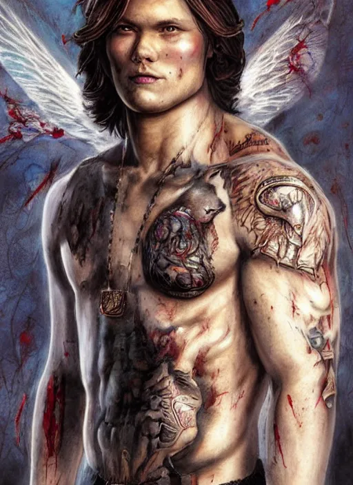 Prompt: Sam Winchester as a muscular angel with religious tattoos on chest and neck, stained and bleeding, magic overlays, magic flames, romance book cover style, D&D illustration style, (octane render) fantasy style, sharp focus, ultra detailed, art by Artgerm and Peter Andrew Jones, Ayami Kojima, Amano and Olivier Ledroit