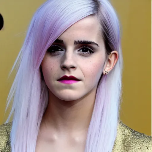 Image similar to emma watson a melanchonic photo of a beautiful young woman with cotton candy hair. with a little bit of gold and white