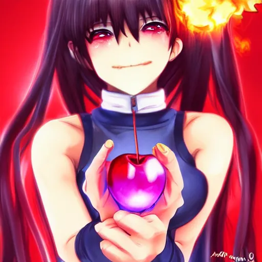 Prompt: anime girl holding cherry bomb, bomb fuse lit, flaming fuse, anime girl smiling, grinning, art by artgerm