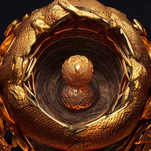 Image similar to a hyperdetailed dragon scale egg in a nest of gold, photorealistic, symmetrical, unreal engine