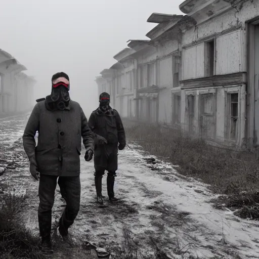 Prompt: flash photograph of an abandoned rundown soviet town with dense fog and men wearing gas masks