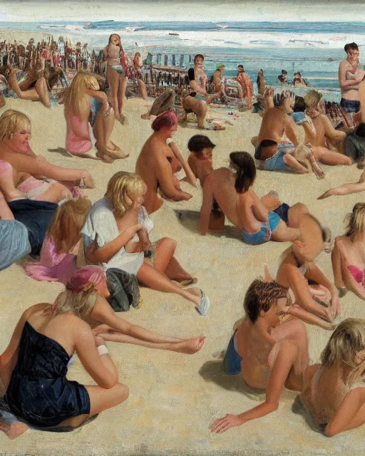 Image similar to a crowd of blonde women, beach