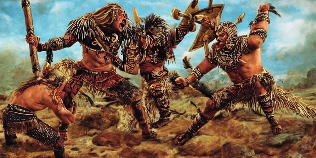 Prompt: Aztec Jaguar Warrior fighting against Odin (Viking) in a one on one fight. Highly detailed, movie scene.