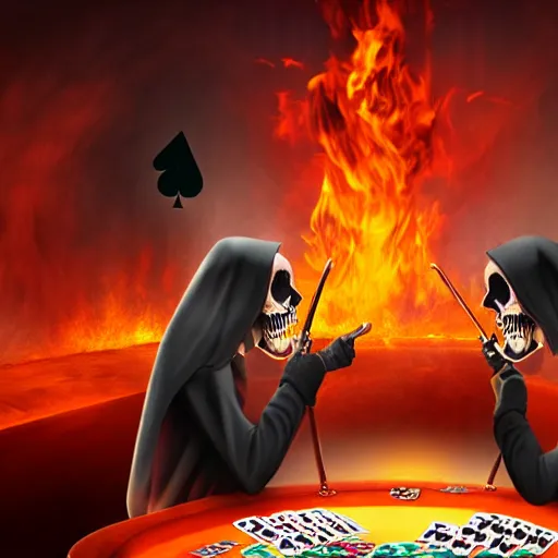 Image similar to a grim reaper playing poker in hell, 8 k, realistic