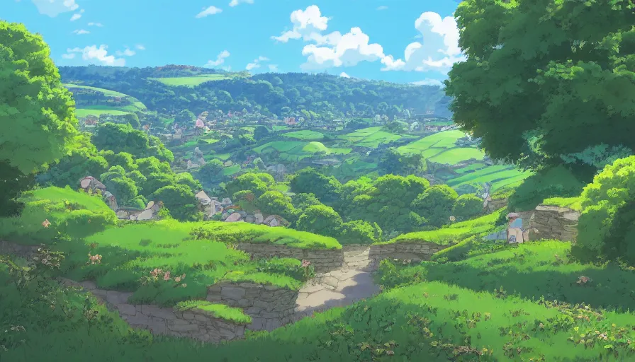 Image similar to A beautiful Yorkshire countryside in the style of Studio Ghibli, illustrated by Kazuo Oga, Hayao Miyazaki, trending on artstation, HD, 4K