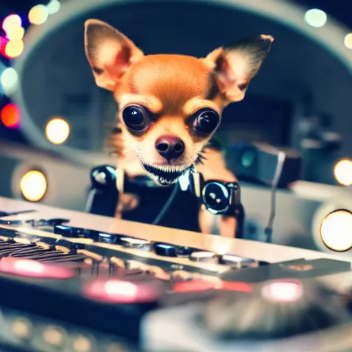 Prompt: photo of a chihuahua djing, stunning, 4 k