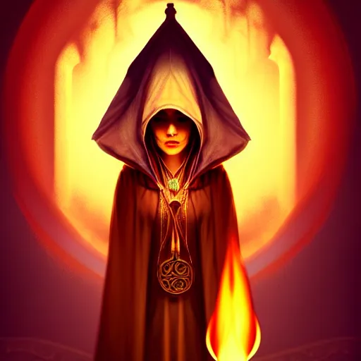 Prompt: ( a priestess with a hood that covers half her face carries an incense burner that emits a pleasantly colored flame. ) by anato finnstark, photorealistic, fullbody portrait, dynamic lighting, beautiful, trending on artstation, wallpaper, 4 k, award winning, digital art, golden huese