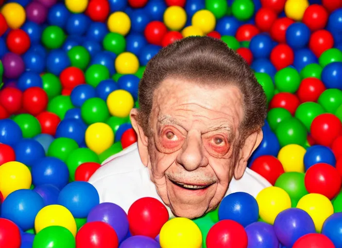 Prompt: photo still of jerry stiller in a ball pit!!!!!!!! at age 4 6 years old 4 6 years of age!!!!!!!! hiding from parents, 8 k, 8 5 mm f 1. 8, studio lighting, rim light, right side key light