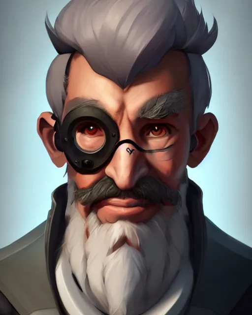 Image similar to overwatch concept art character portrait of a new character who is an elderly man with a scarred face and long mustache and eyepatch, trending on artstation, cgsociety,