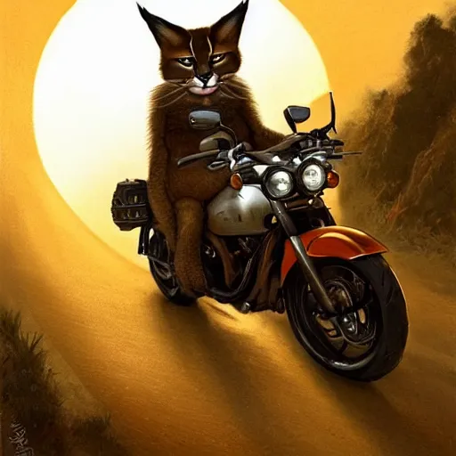 Prompt: cute fluffy caracal riding a harley motorcycle, road, sunset. adventurous, atmospheric lighting, stunning. by ted nasmith, gaston bussiere, craig mullins, j. c. leyendecker, rossdraws, james jean, andrei riabovitchev, marc simonetti, krenz cushart, trendig on artstation, digital art