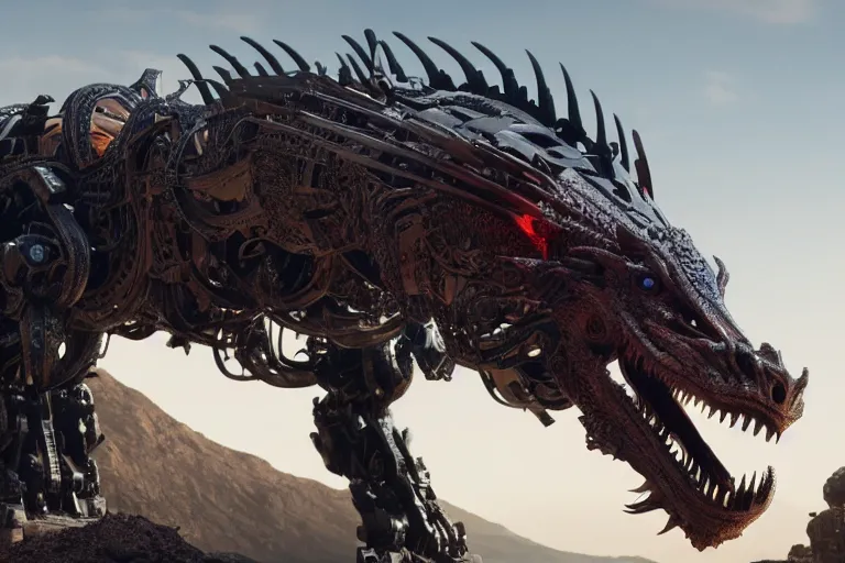 Image similar to cinematic still of westworld, a intact stunning intricate si - fi robotic fantasy dragon, well armored mech dragon, highly detailed