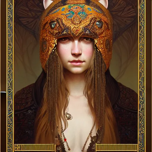 Image similar to a portrait of a female bear hybrid, upper half portrait, decorated with russian motifs, russian shaman, siberia, traditional russia, intricate, elegant, highly detailed, symmetry, headpiece, digital painting, artstation concept art smooth sharp focus, illustration, art by artgerm and greg rutkowski alphonse mucha 8 k
