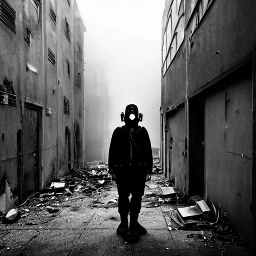 Prompt: A high quality photo of a mysterious man with a gas mask standing in the middle of a staircase alley looking in the direction of the camera :: outside, blue sky visible :: ruined city with vegetation and trees growing everywhere on the destroyed buildings :: forest :: apocalyptic, gloomy, desolate :: long shot, low angle, dramatic backlight, symmetrical, night, slightly colorful photography :: cinematic shot, highly detailed