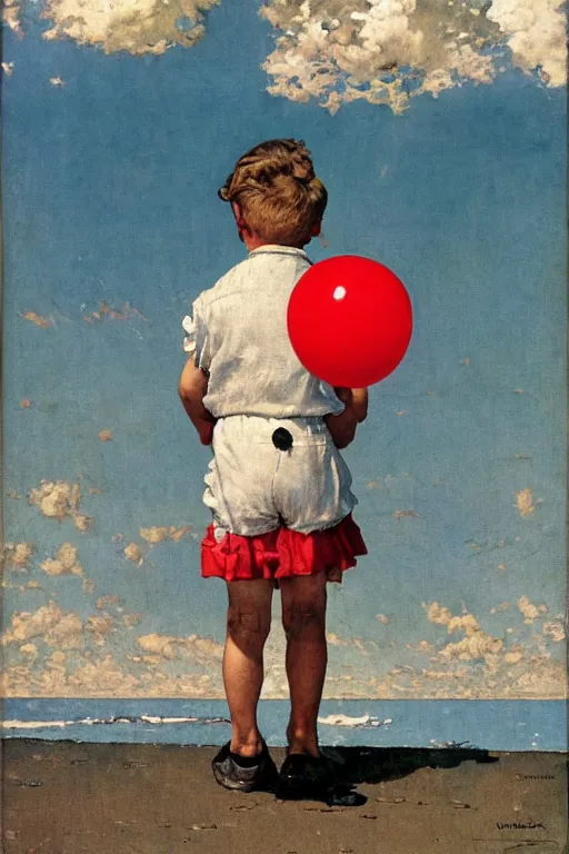 Image similar to a painting by Norman Rockwell of a young boy holding a red balloon at the beach, with dramatic clouds over the sea