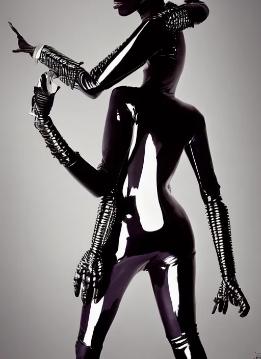 Image similar to a beautiful portrait of grace jones as a cyborg, by gilles berquet, serge lutens, hajime sorayama, wearing atsuko kudo latex outfit, photorealistic, intricate details, hyper realistic, photorealistic, photography, symmetrical features, symmetrical pose, wide angle shot, head to toe, standing pose, feet on the ground,