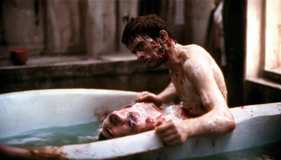 Prompt: movie still of marat wounded at the chest, in a bath flooded with blood, cinestill 8 0 0 t 3 5 mm, high quality, heavy grain, high detail, cinematic composition, dramatic light, anamorphic, ultra wide lens, hyperrealistic, by josef sudek
