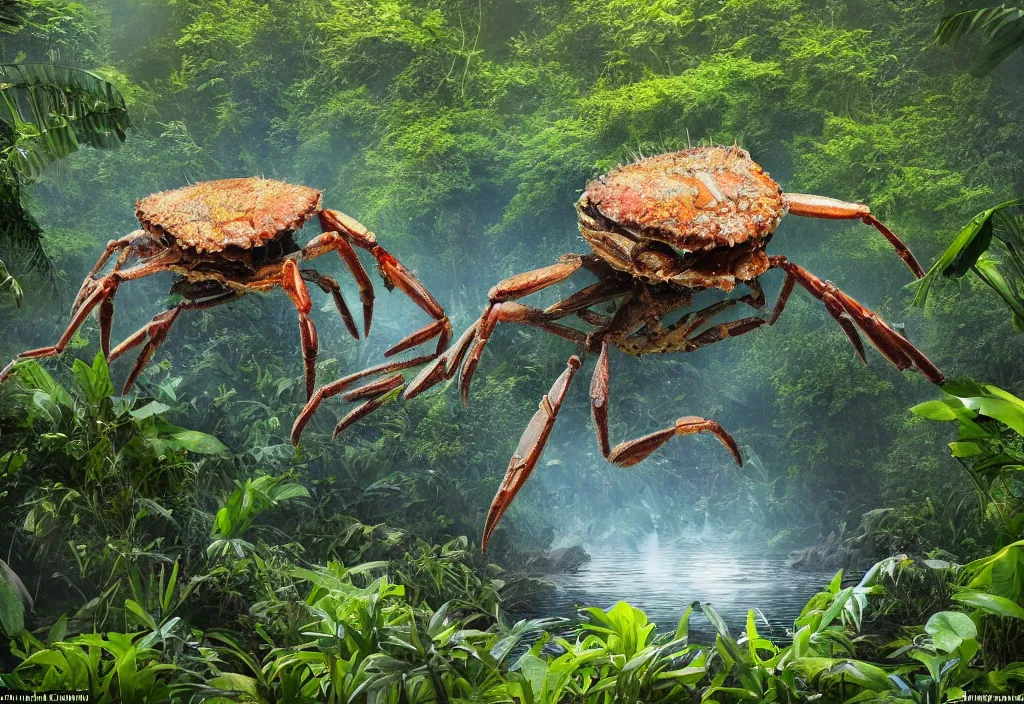 Image similar to an giant crab king emerging from the waters, in a jungle, ominous light from above, ambient light, fog, river, very poetic