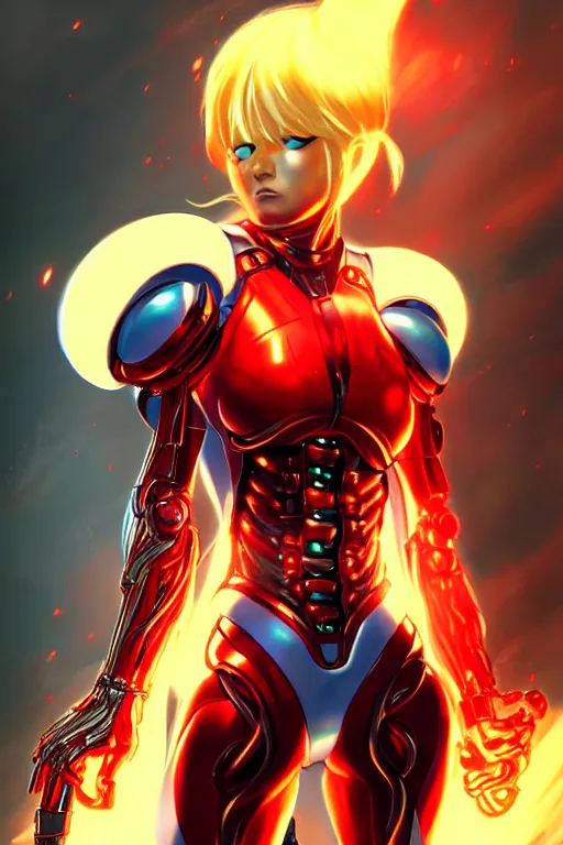 Image similar to character art by wlop, samus aran disguised as the t 1 0 0 0 from terminator, on fire, fire powers