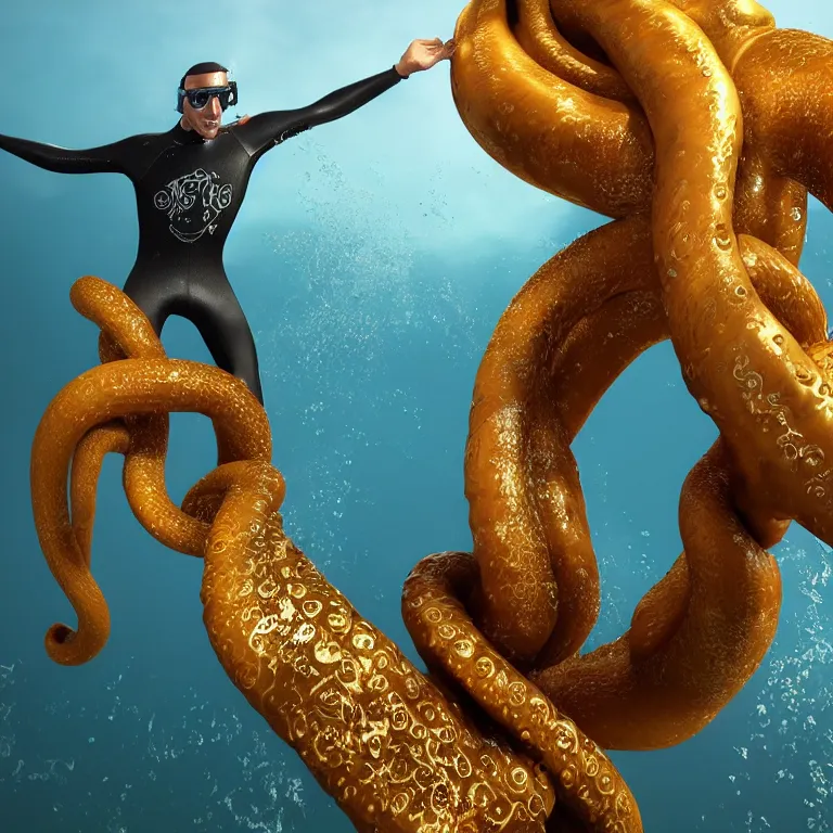 Prompt: octane render portrait by wayne barlow and carlo crivelli and glenn fabry, subject is a man in a wet suit with goggles with giant long golden octopus tentacles coming out of their mouth, cinema 4 d, ray traced lighting, very short depth of field, bokeh