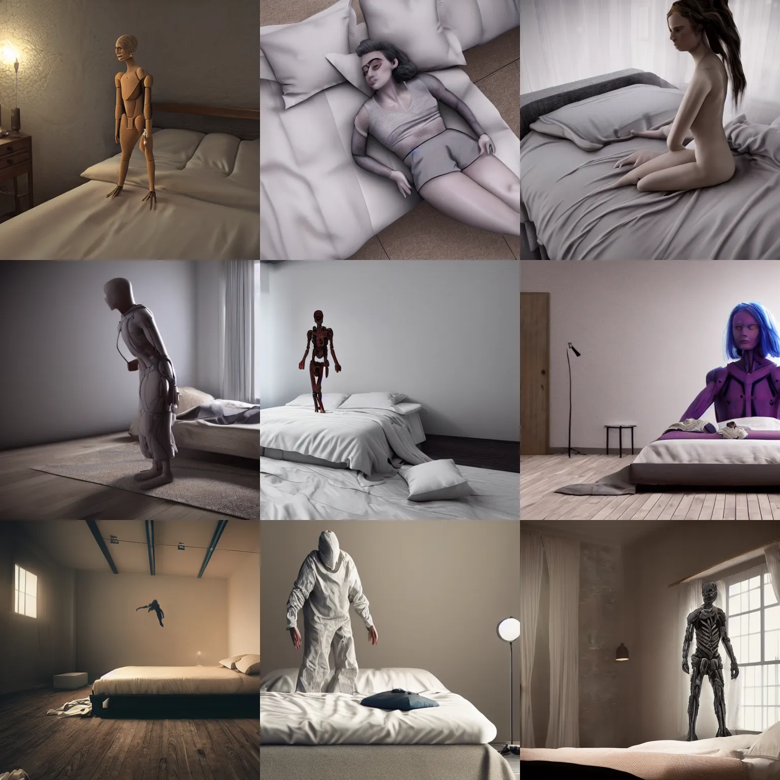 Prompt: a beautiful humanoid making up the bed hyperrealistic dystopian future render