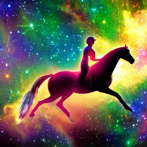 Prompt: a sandwich riding a horse in a explosion of a nebula, digital art