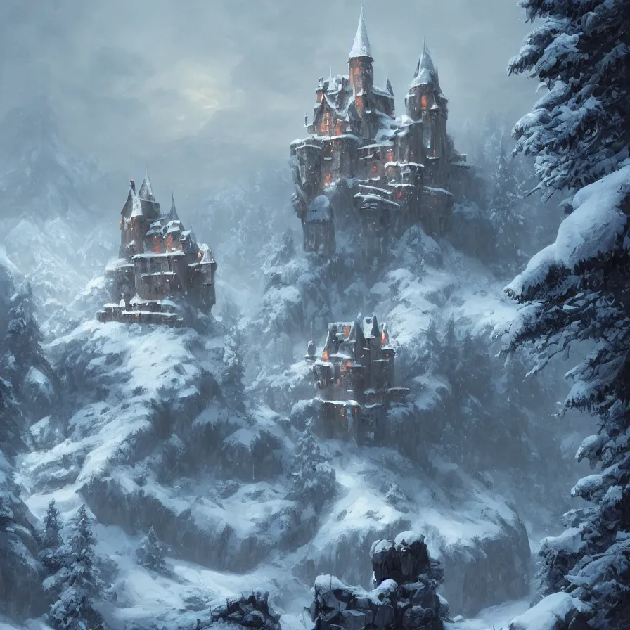 Image similar to a painting of a castle in the middle of a snowy mountain, a detailed matte painting by andreas rocha and greg rutkowski, featured on artstation, fantasy art, matte drawing, matte painting, artstation hq