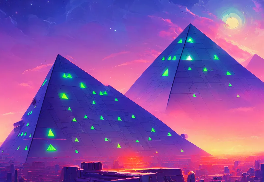 Image similar to a small chubby futuristic pyramid with neons at dawn, intricate oil painting, high detail illustration, sharp high detail, manga and anime 1 9 9 9, official fanart behance hd artstation by jesper ejsing and makoto shinkai, 4 k,