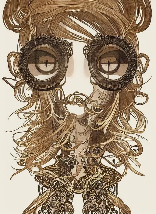 Image similar to photographer looking through camera, design on white background, gnarly details, gold, drawn by studio ghibli, alphonso mucha, lolish, trending on artstation