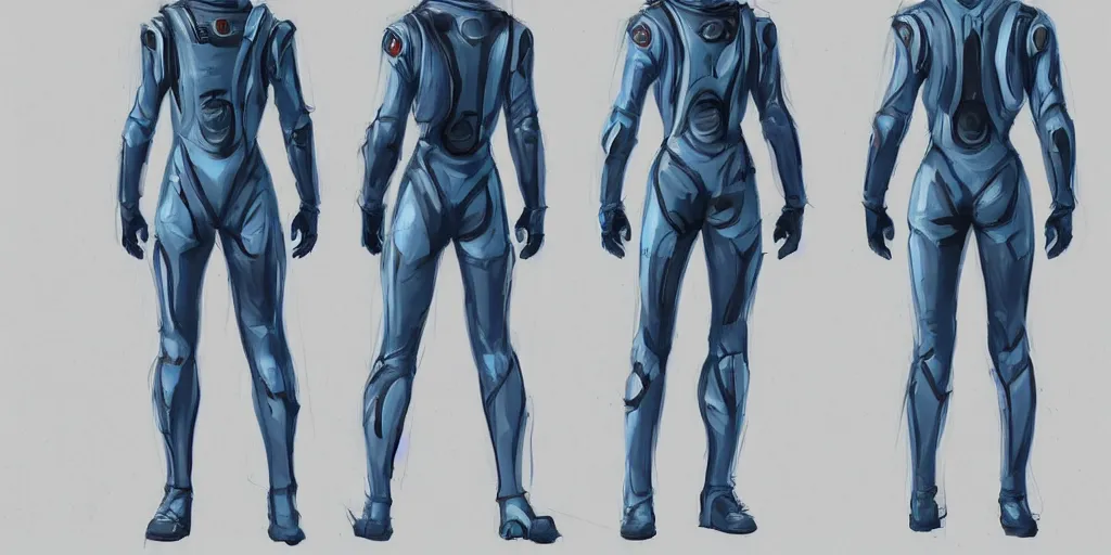 Prompt: male, science fiction space suit, character sheet, concept art, stylized, large shoulders, large torso, long thin legs, exaggerated proportions, concept design