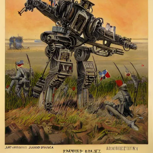 Prompt: wwi deiselpunk american battle mech propaganda art by james gurney