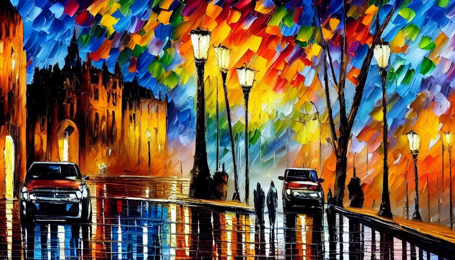 Image similar to painting afremov leonid evening landscape in the city and two people on the road