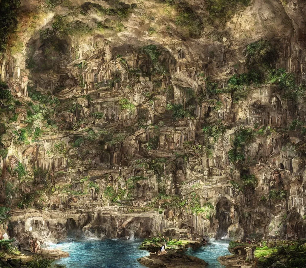 Image similar to the city of Rome but underground in an impossibly large cave,lush nature,fantasy art,realistic,high quality,detailed