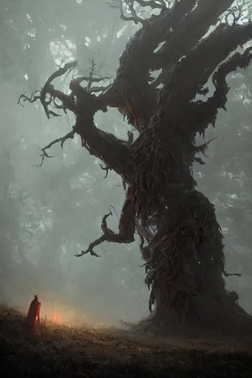 Prompt: a beautiful terrifying tree monster looms over a tiny human in an epic location at dawn, ethereal fantasy art by greg rutkowski