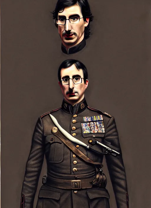 Prompt: a portrait of john oliver standing next to adam driver, stoic, full body, military uniform, fantasy, intricate, elegant, beautiful, highly detailed, charcoal, centered, dark, smokey, digital painting, artstation, concept art, smooth, sharp focus, illustration, art by artgerm and greg rutkowski and alphonse mucha