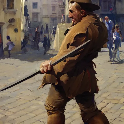 Image similar to greg manchess portrait of a man falling over a sword stuck between cobblestones, profile picture, organic painting, sunny day, matte painting, bold shapes, hard edges, street art, trending on artstation, by huang guangjian, gil elvgren, ruan jia, randy vargas, greg rutkowski